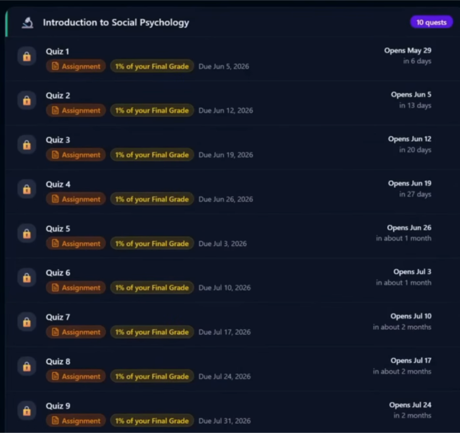 Recurring Quests showing numbered quizzes and their upcoming calendar dates